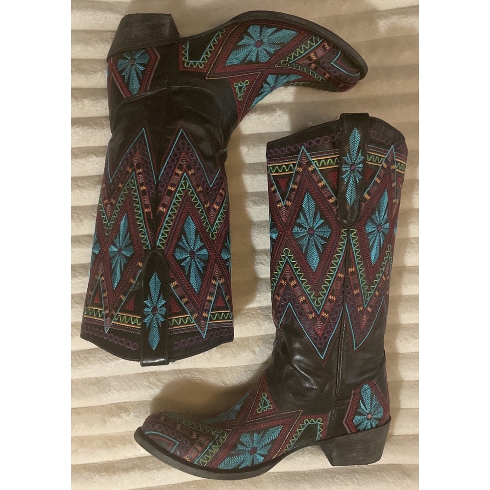 Lane Boots Womens Black Leather Embroidered Southwestern Cowboy Boots Size 10